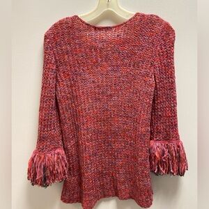 NIC+ZOE Pink Multi-Color Crochet Scoop Neck Sweater with Fringe Cuffs
